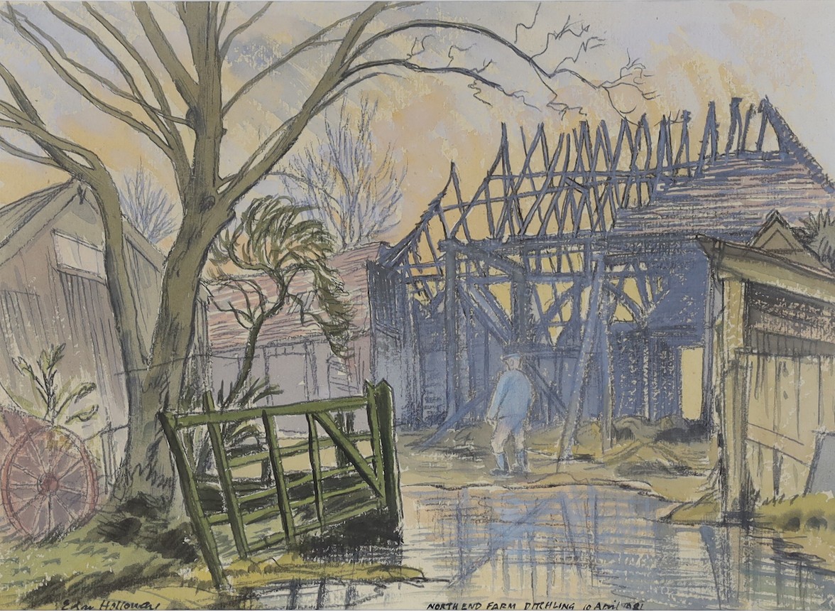 Edgar Holloway (1915-2008), watercolour, 'After the fire, North End Farm, Ditchling', signed and dated 1981, 28 x 38cm